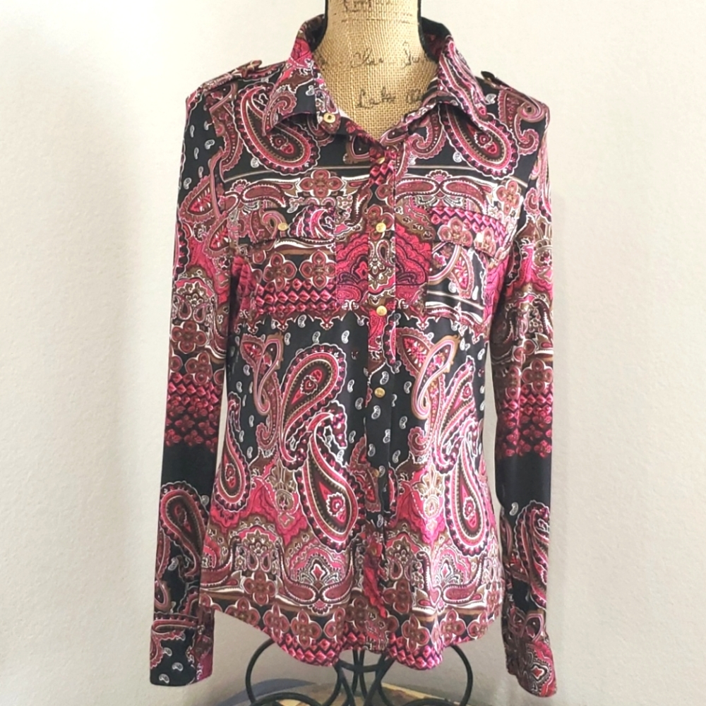 BCBGMAXAZRIA Paisley print long sleeve top blouse snap closure Petite Largr